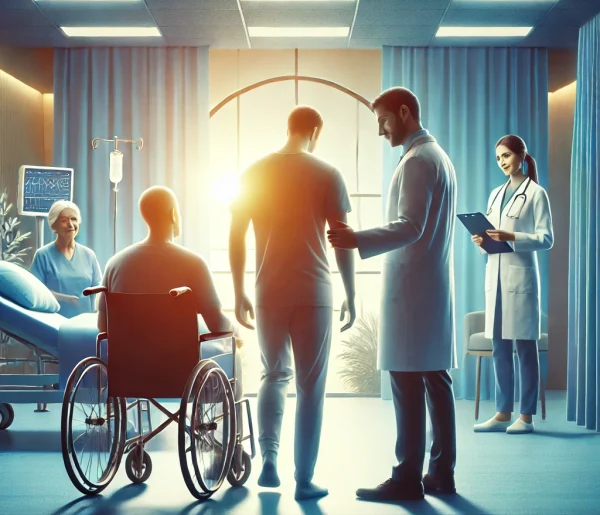DALL·E 2025-02-16 20.04.09 – A warm and welcoming rehabilitation center setting with a professional team of doctors and therapists. A recovering patient is being guided by a compa DALL·E 2025-02-16 20.04.09 - A warm and welcoming rehabilitation center setting with a professional team of doctors and therapists. A recovering patient is being guided by a compa