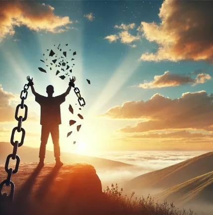 DALL·E 2025-02-16 20.46.59 – A person breaking free from addiction, symbolized by shattered chains. A hopeful individual stands on a hilltop at sunrise, looking towards a bright f DALL·E 2025-02-16 20.46.59 - A person breaking free from addiction, symbolized by shattered chains. A hopeful individual stands on a hilltop at sunrise, looking towards a bright f